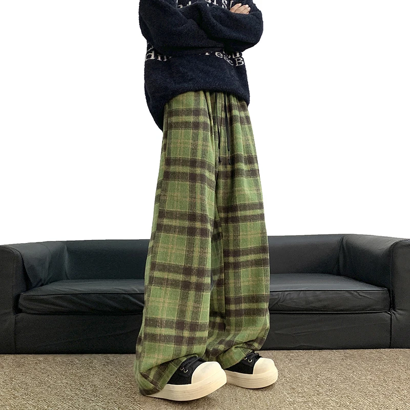 Fashion Plaid Pants Baggy Elastic Waist Hip Hop Loose Trousers  Korean Streetwear Wide-legged Pants Unisex Casual Trousers