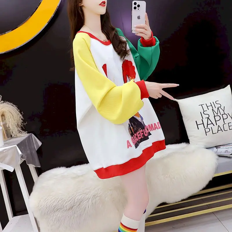 Womens Crewneck Sweatshirt Color Line Ornaments Pullover Autumn Korean Loose Long-sleeved Thin Fashion Large Size Kawaii Clothes