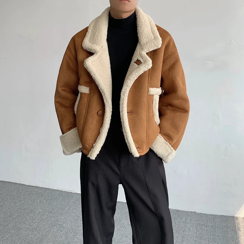 SYUHGFA Suede Lamb Wool Thickened Men Clothing Jackets Turn-down Collar High Street Male Coats Korean Streetwear 2024 Winter