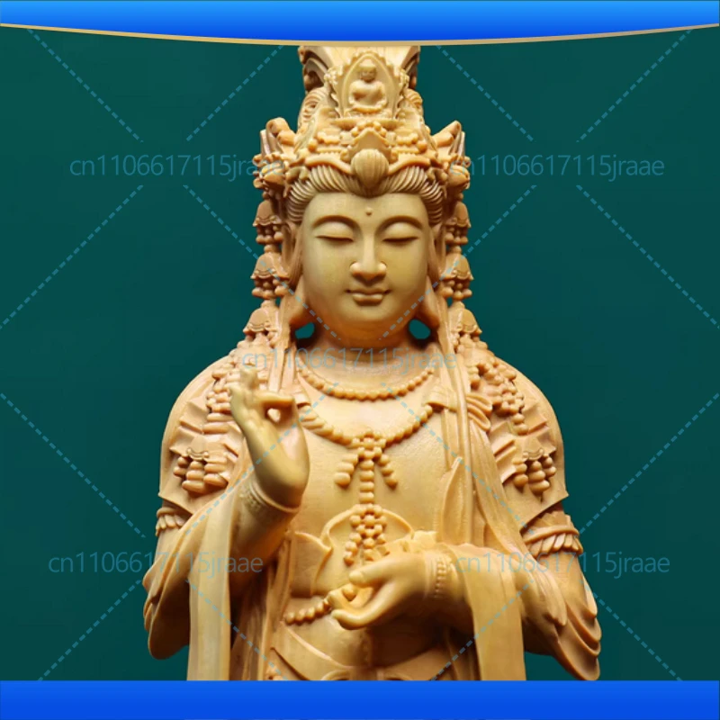 Hand Carved Hinoki Wood Standing Guanyin Kuan Yin Bodhisattva Statue Figurine w/ Vase Lotus Base - Spiritual Temple Home Altar