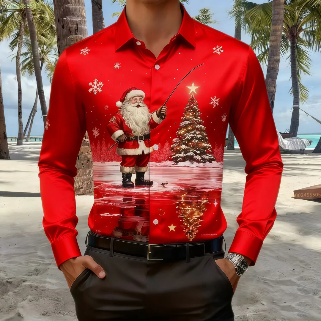 

2026 New Men's Christmas Shirt - Long Sleeve, Buttoned Design, Casual Outdoor Wear, Rainy and Sunny Weather Compatible, 3D Print