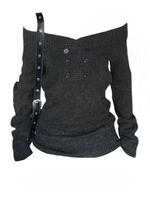 Korean Style Dark Gray Off Shoulder Pullovers Aesthetic Chic Long Sleeve Warm Sweater Women New Autumn Winter Casual Knitted Top 6