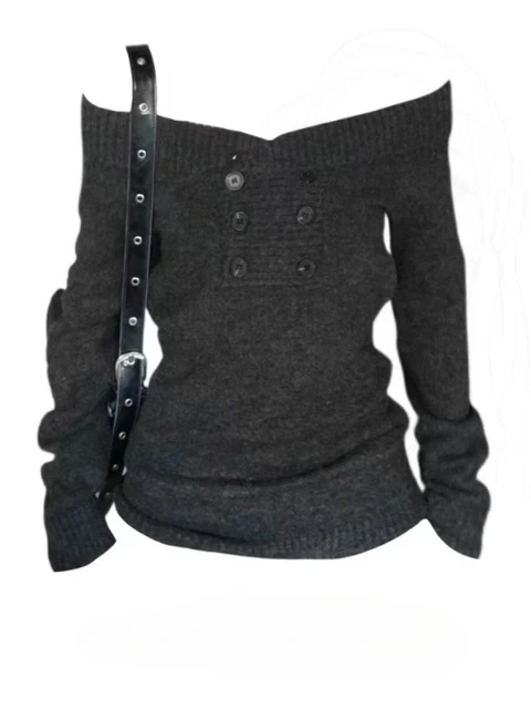Korean Style Dark Gray Off Shoulder Pullovers Aesthetic Chic Long Sleeve Warm Sweater Women New Autumn Winter Casual Knitted Top 6