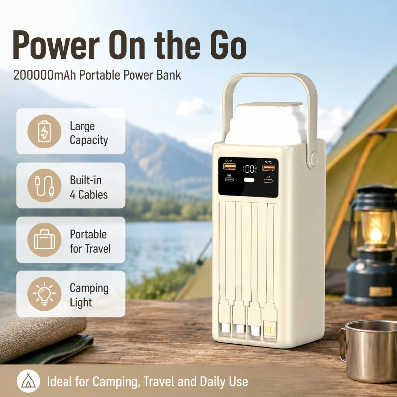 200000MAh Camping Super Large Capacity Power Bank  New Portable Fast Charging Dual Line Outdoor Flash Charging Mobile Power Bank