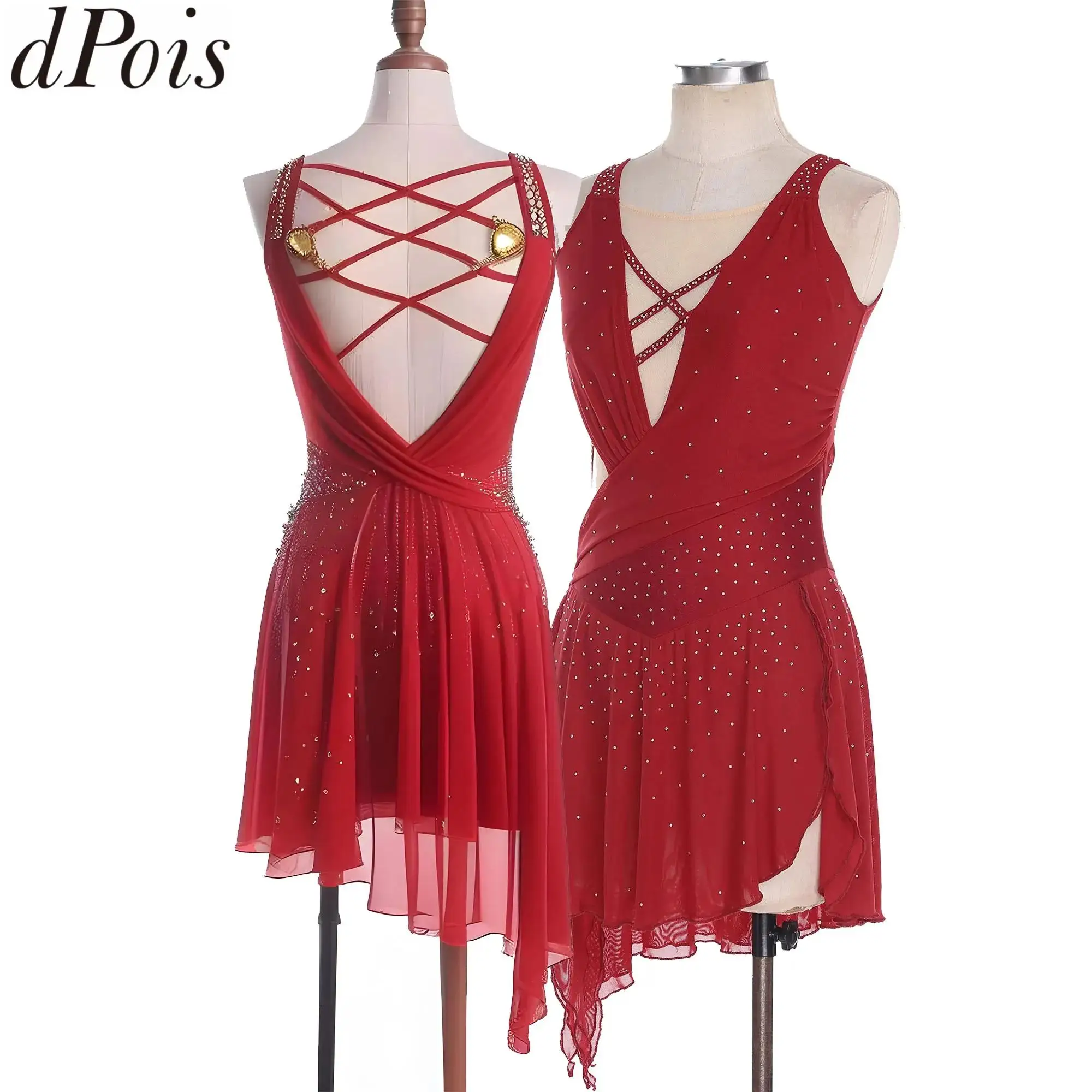 

Женский балетный трико для взрослых, Джерси, художественные блестящие стразы, гимнастика, лирический танец, накладное платье, костюм для фигурного катания с разрезом