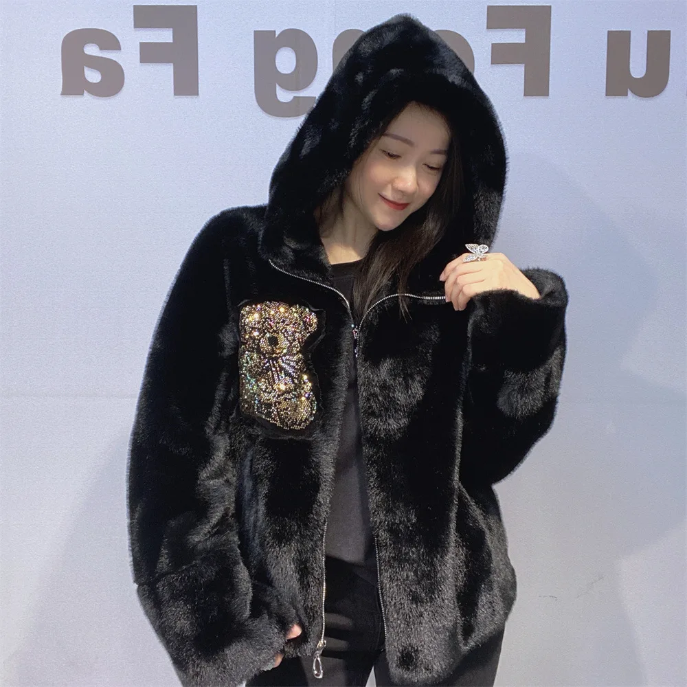 Moda inverno grosso quente jaquetas femininas casual dos desenhos animados urso diamantes zíper cardigan casacos com capuz Куртка Ж onderdelen