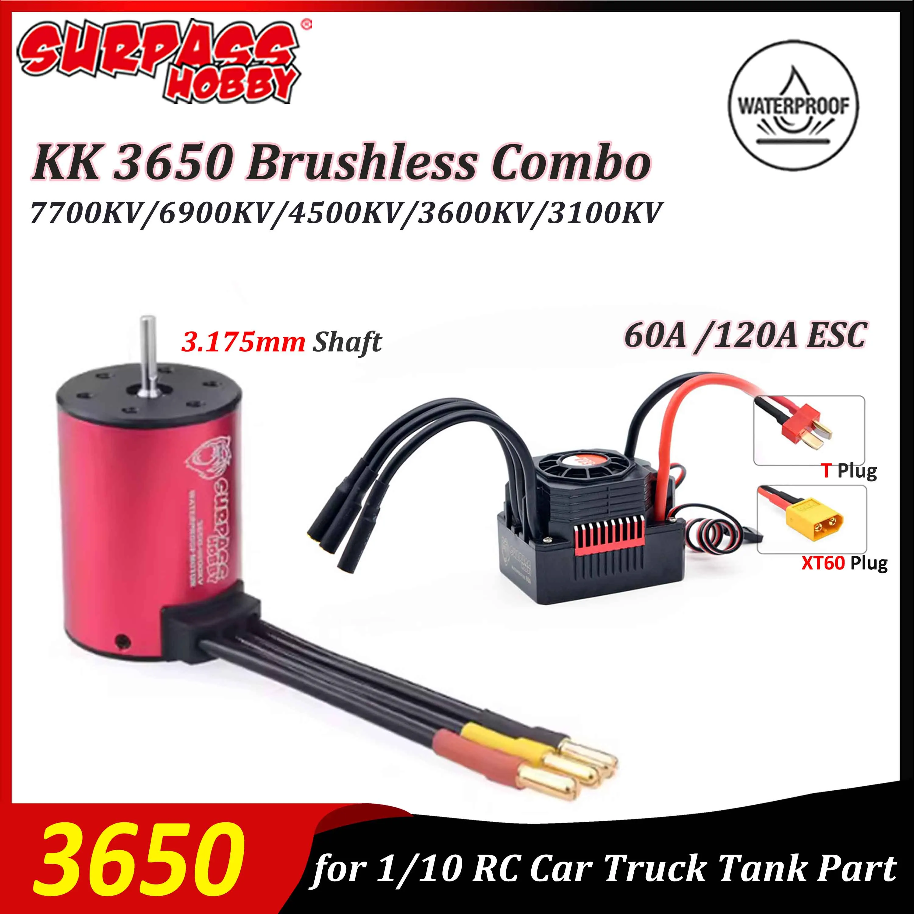 

Surpass Hobby KK 3650 Brushless Combo 7700/6900/4500/3600/3100KV Waterproof Motor 60/120A ESC 3.175mm Shaft for 1/10 RC Car Part