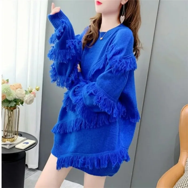 DAYIFUN-Women's Long Sleeve Loose Knitted Pullovers Korean Sweaters Round Neck Fringed Jumpers Female Clothing Autumn Winter New