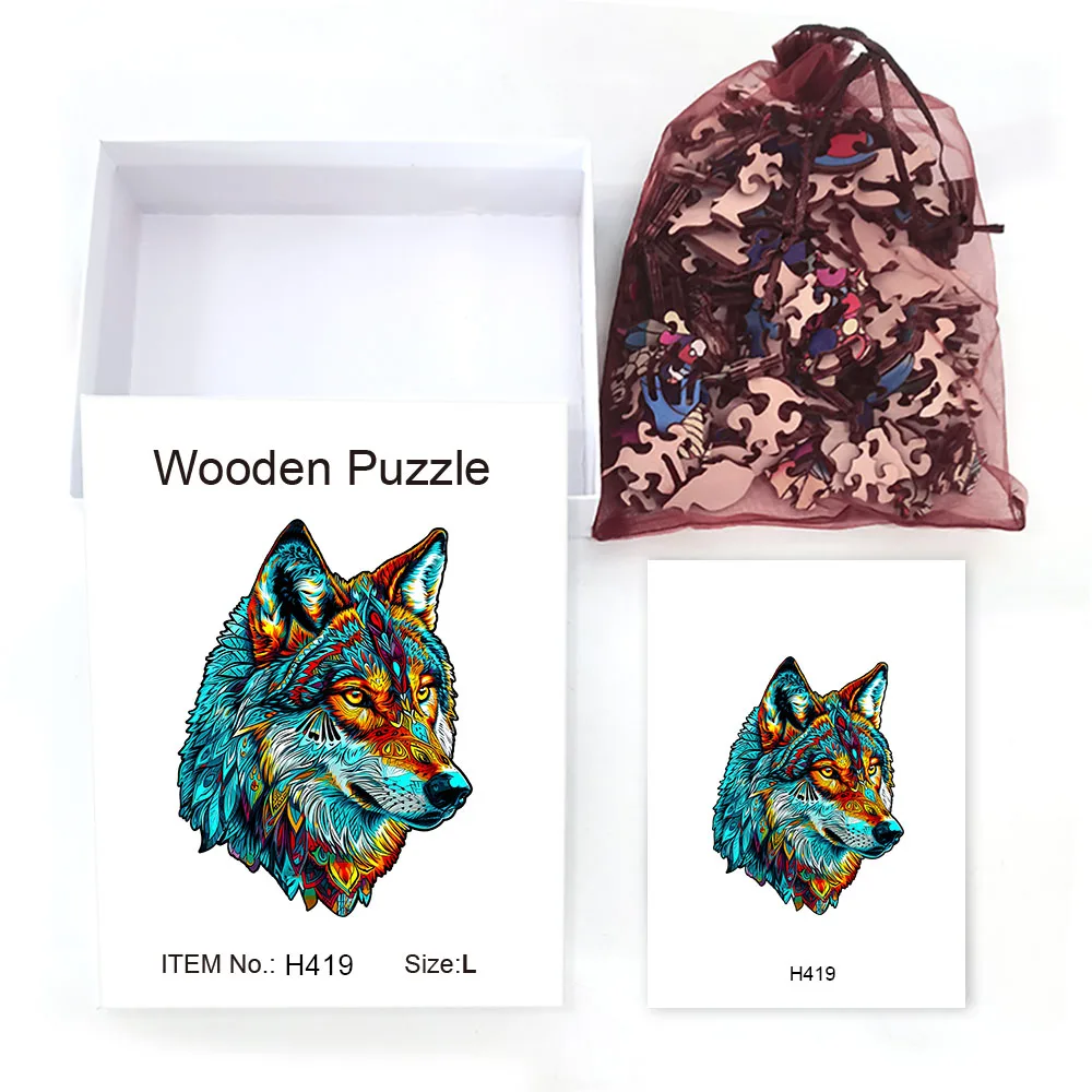 Wooden puzzle Wolf Picture Gift box Exquisite gift irregular animal shape puzzle personalized unique gift family interaction