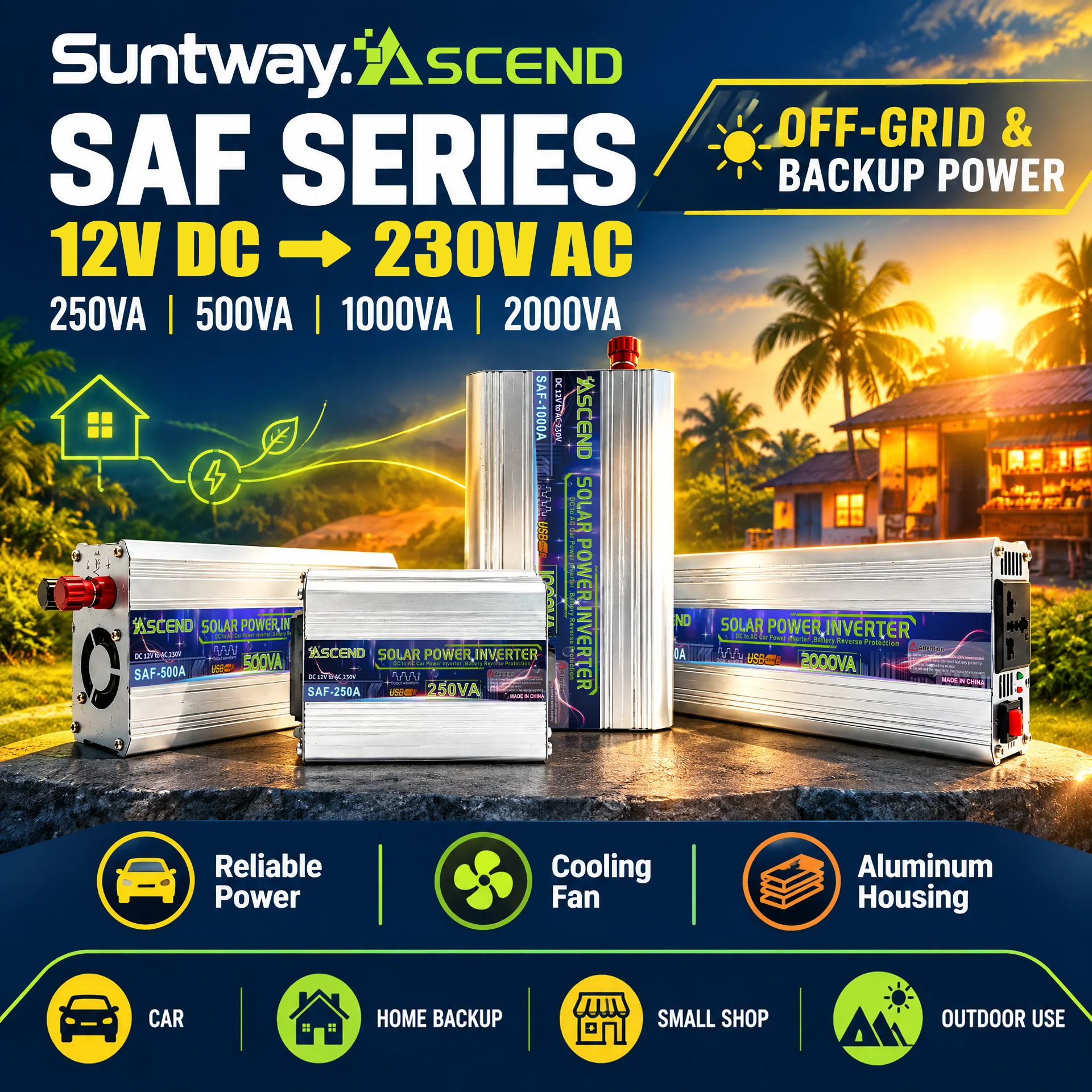 Suntway.Ascend Car Power Inverter 12V DC to 230V AC 250VA 500VA 1000VA 2000VA Modified Sine Wave Vehicle Backup Power Converter