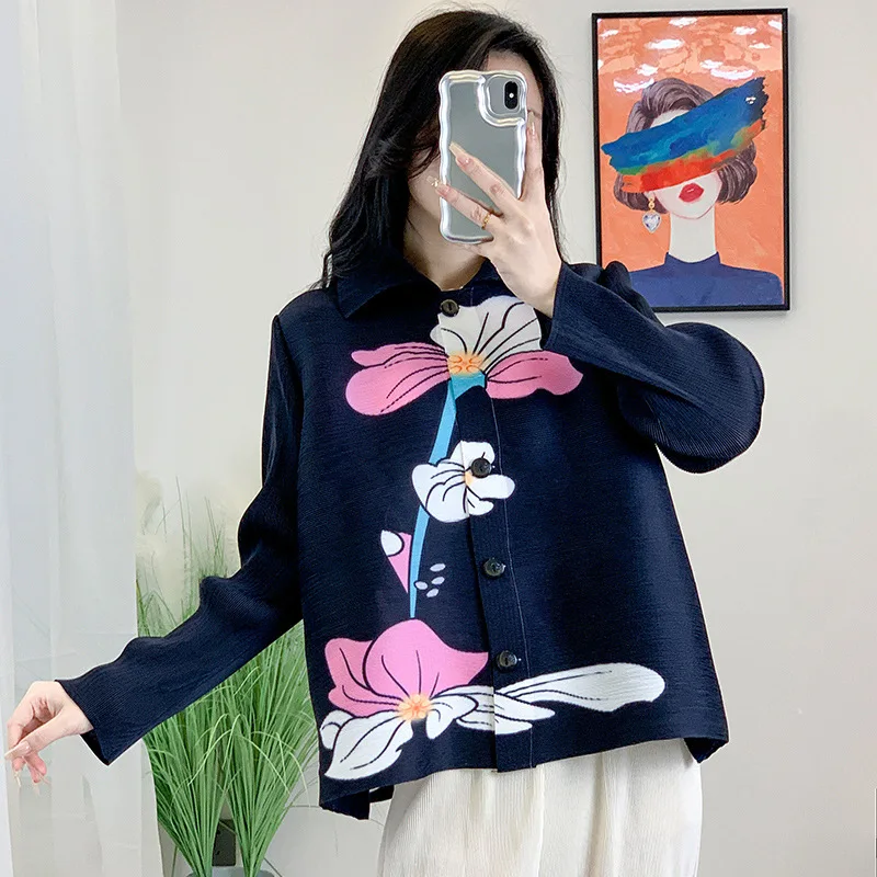 

Miyake Loose Casual Age-reducing Temperament Shirt T-shirt 2023 Spring New Pleated Printed Long-Sleeved Cardigan Coat