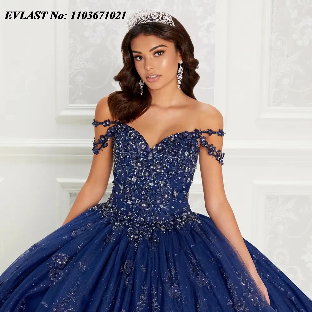 EVLAST Блестящее темно-синее платье Quinceanera Бальное платье с блестками и кружевной аппликацией из бисера Мексиканский корсет Sweet 16, Vestidos De 15 Anos SQ241