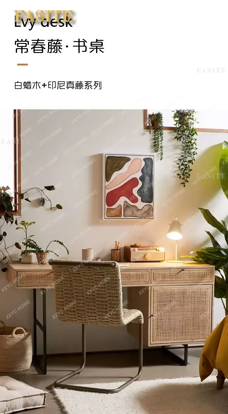 High Quality  solid wood desk vintage rattan desk computer desk small household quiet wind  dresser