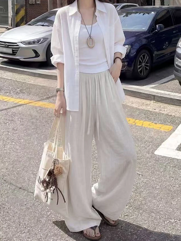 Cotton Linen Wide Leg Pants for Women Summer Japanese Loose Casual Pants High Waist Drawstring All Match Straight Trousers