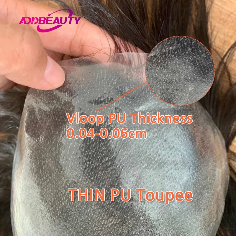 Thin Skin Man Toupee Human Hair Natural Vloop Full PU 0.04-0.06cm Indian Human Hair System Units New Men Capillary Prosthesis