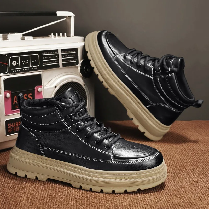 

2025 Men's Boots Genuine Leather Shoes High Quality Lace Up Motorcycle Boots Men Casual Shoes