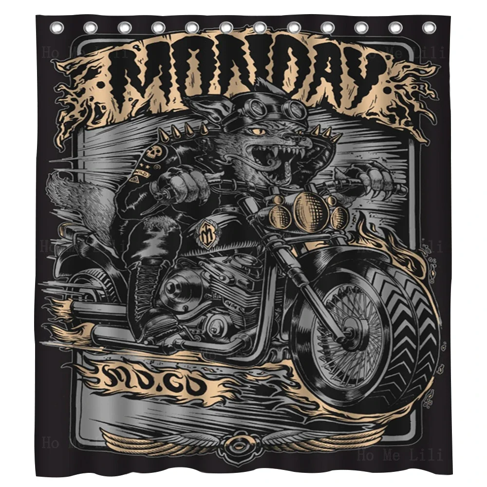 Monster Riding Motorbike Classic Cars And Gas Station Retro Font Shower Curtain By Ho Me Lili For Bathroom Decor