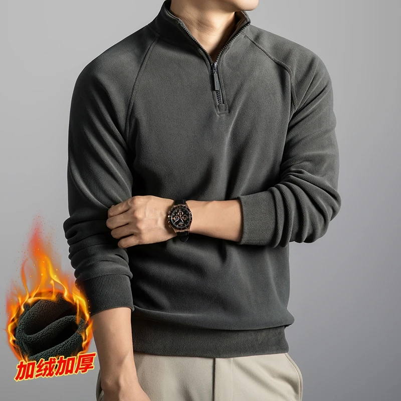 High-end Semi-high Neck Zip-Up Sweatshirt for Men Fleece-lined and Thickened 2025 New Autumn/Winter Warm Long Sleeve Top for Men