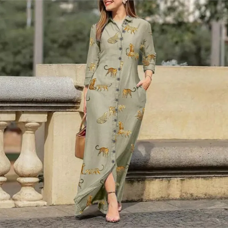 Vintage Leopard Animal Print Loose Shirt Dress Pocket Autumn Lapel Button Women Casual Long Sleeve Pocket Maxi Dresses Robes Y2k