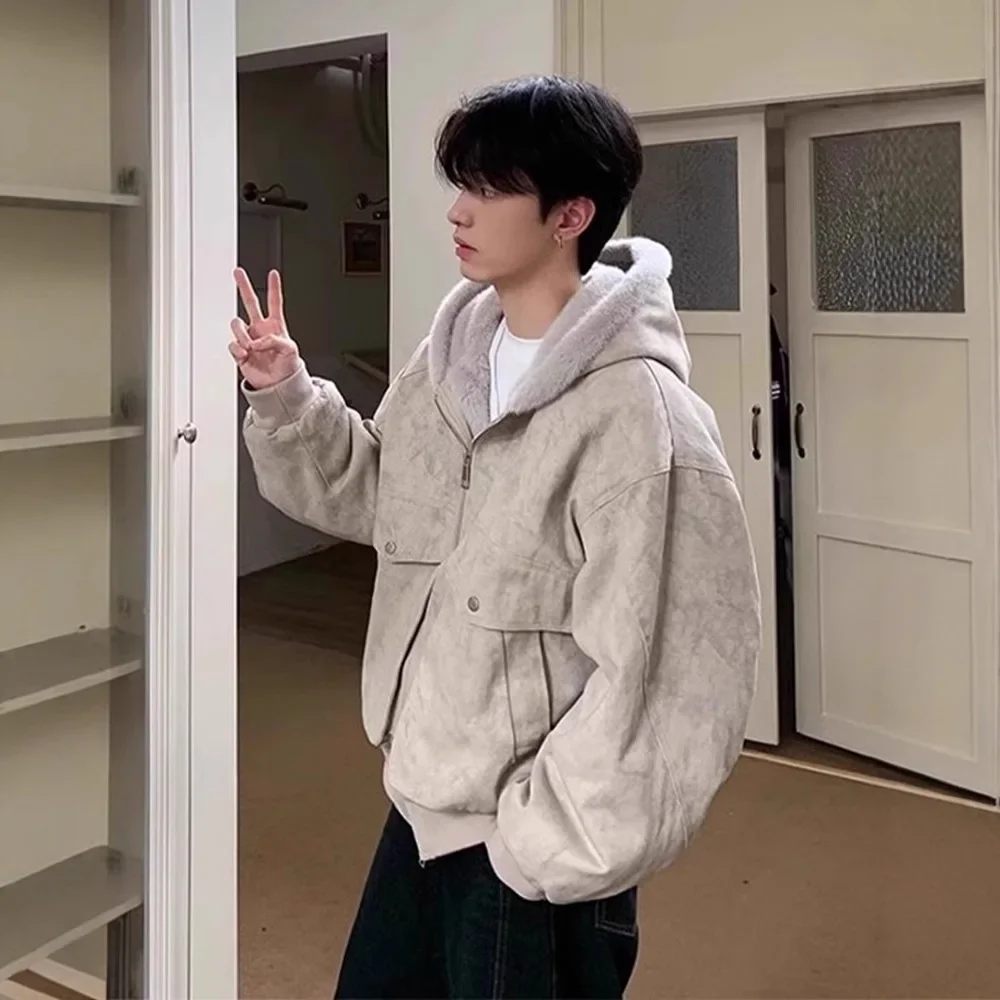 

Men Cargo Coat Winter Fashion Thicken Fleece Pocket Hooded Male Outerwear Windproof Long Sleeve Zipper Comfortable Man Jacket