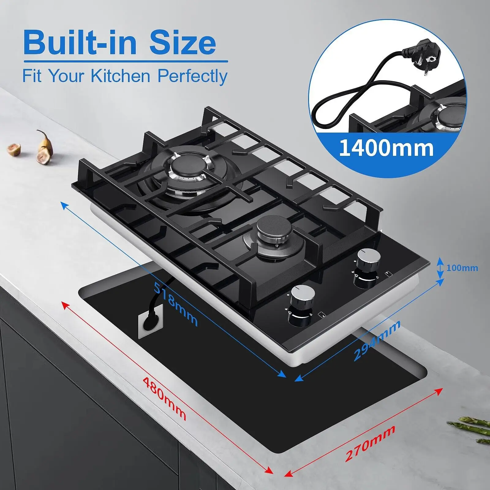 TopStrong 2 Burners 30cm Kitchen Built in Tempered Glass NG/LPG Dual Fuel Gas Hob UKGCT-B02