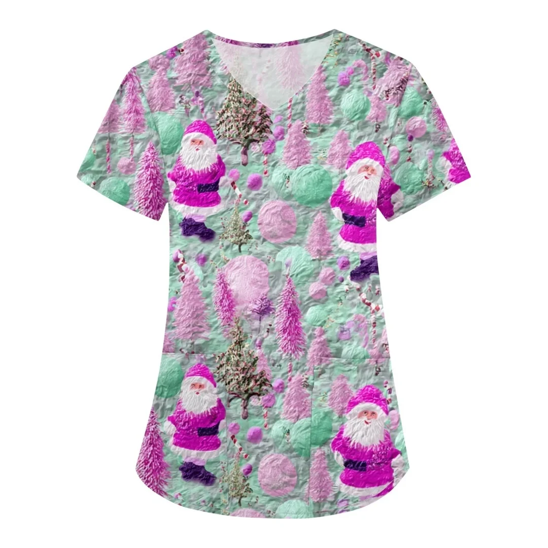 ชุดยูนิฟอร์มพยาบาลหญิงลายคริสต์มาสลายตุ๊กตาหิมะ ลายซานต้า คอวี แขนสั้น มีกระเป๋า สำหรับงานทันตกรรมและคลินิก