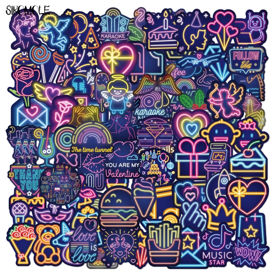 

10/30/50/100PCS Cartoon Neon Light Stickers Kid Car Guitar Motorcycle Luggage Suitcase DIY Classic Toy Decal Graffiti Sticker F5