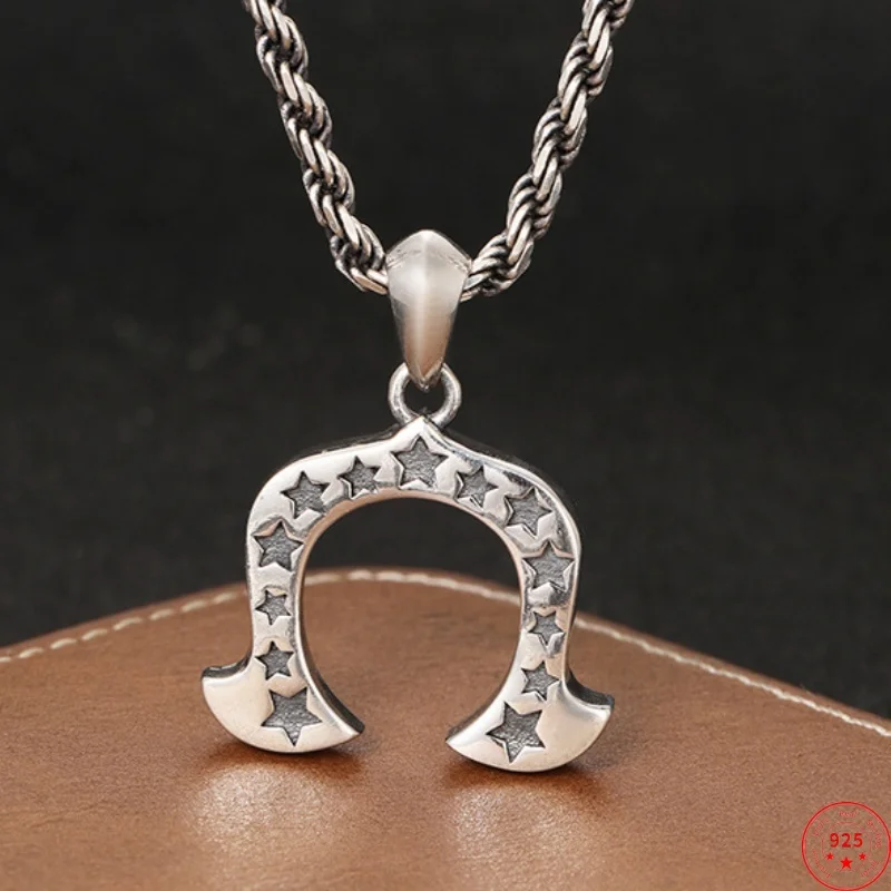 Genuine S925 Sterling Silver Pendants for Women Men New Fashion Creative Horseshoe Shaped Relief Star Punk Jewelry Wholesale