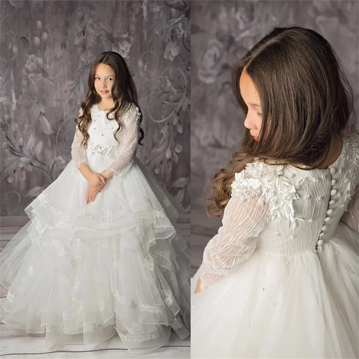 Vestido de flores para niña, calcomanía de encaje de tul esponjoso blanco, manga completa, boda elegante, vestido de flores para niños, primera comunión, reunión