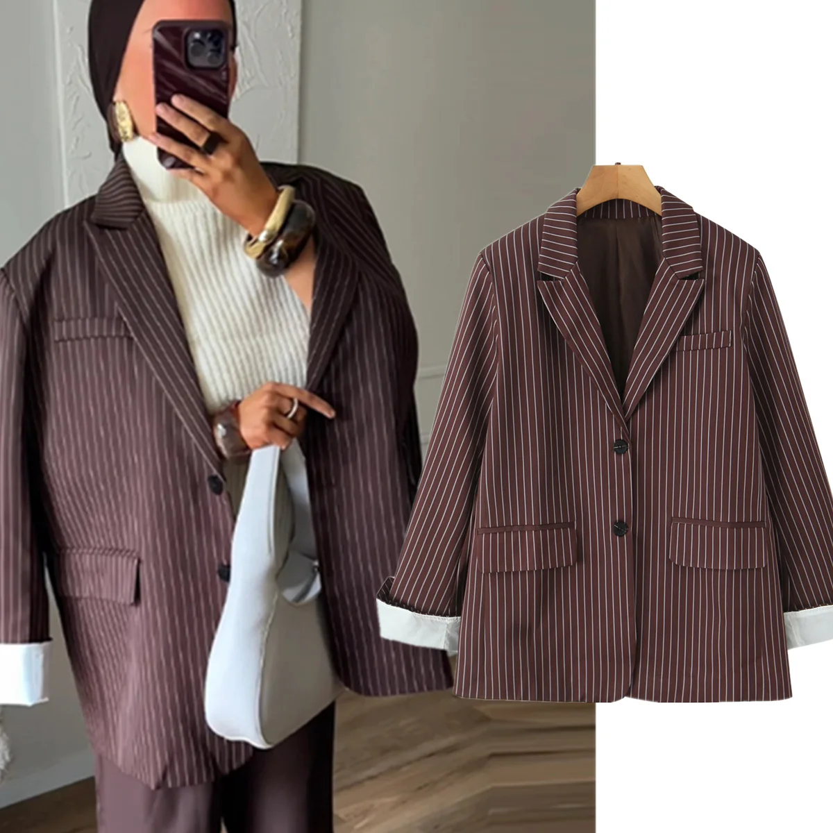Maxdutti Ins موضة مدون خمر براون مخطط بليزرات المرأة سترة نسائية ملابس امرأة Ropa mujer السترة امرأة بلايز