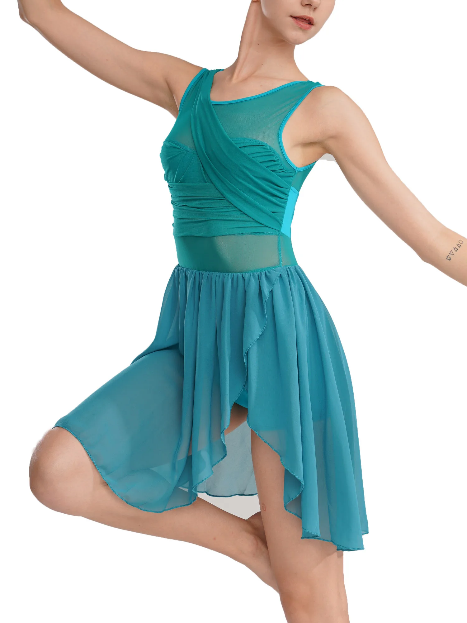 Damski strój gimnastyczny, trykot baletowy, sukienka do tańca lirycznego, wycięty, szyfonowy, elastyczny kostium do tańca nowoczesnego i współczesnego.