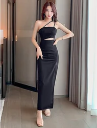 Women's Black Low-cut Slash Dress Sexy Halter Dress Side High Split One Step Evening Long Dresses