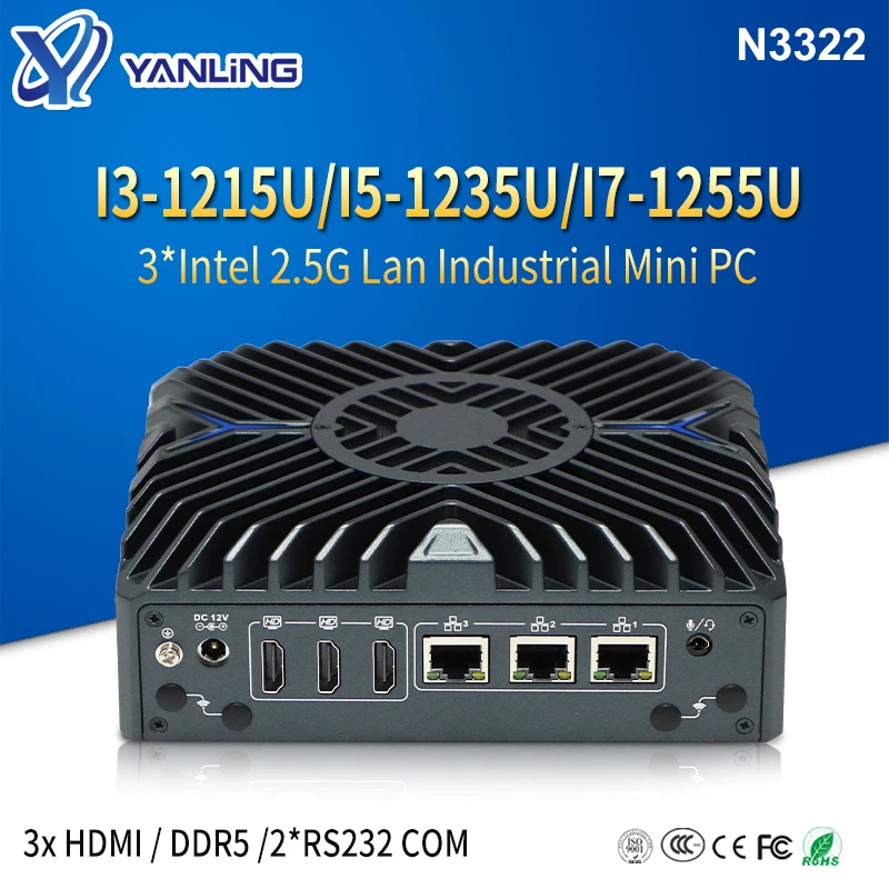 12th Gen Industrial Fan Mini PC i3 i5 i7 3*Intel i225-V 2.5G Ethernet Triple Display DDR5 NVME Mini Computer