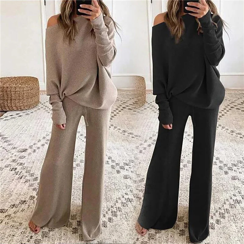 2pcs Autumn Winter Pant Suits Women Outfits Knitted Pullover off shoulder Top Wide Leg Pants Two-piece Set Women Tracksuits