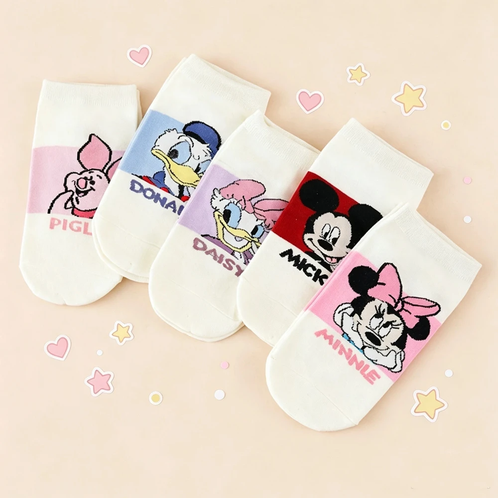 5 Pairs Cute Cartoon Character Print Ankle Socks Women Soft Cotton Short Socks Fashion Color Block Casual Daily Wear Socks Gift
