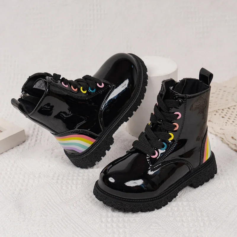 Kids Fashion Ankle Boots for Boys Girls Autumn Winter New Rainbow Color Rubber Boots Zipper Children Boots Black Glossy Leather