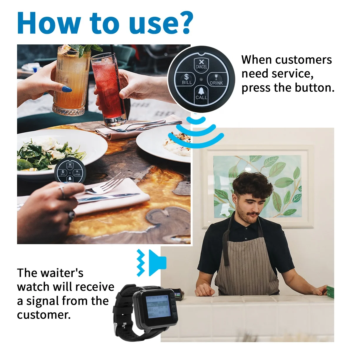 Factory Price 433MHz 4-Key ABS Wireless Waiter Pager Call Button System Watch Receiver Beeper for Restaurant Cafe Hospital 100m
