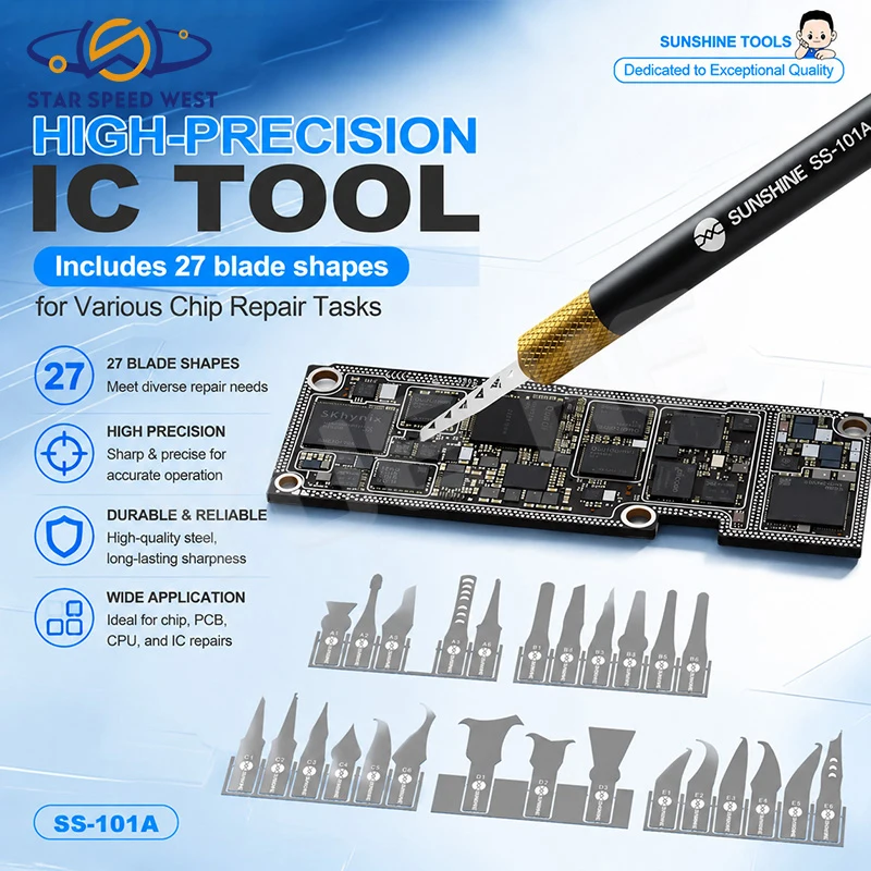 SUNSHINE SS-101A 27PCS IC Pry Tool Set 0.12MM Ultra Thin Blades for Phone BGA Chip Removal CPU Repair Storage Chip Rework Tools