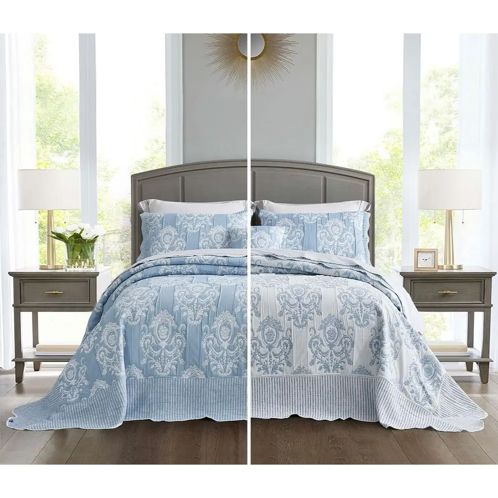 

Oversized King Bedspread, Matelasse Damask Design, Lightweight, Reversible, 5 Piece, 100% Microiber, Wathet Blue