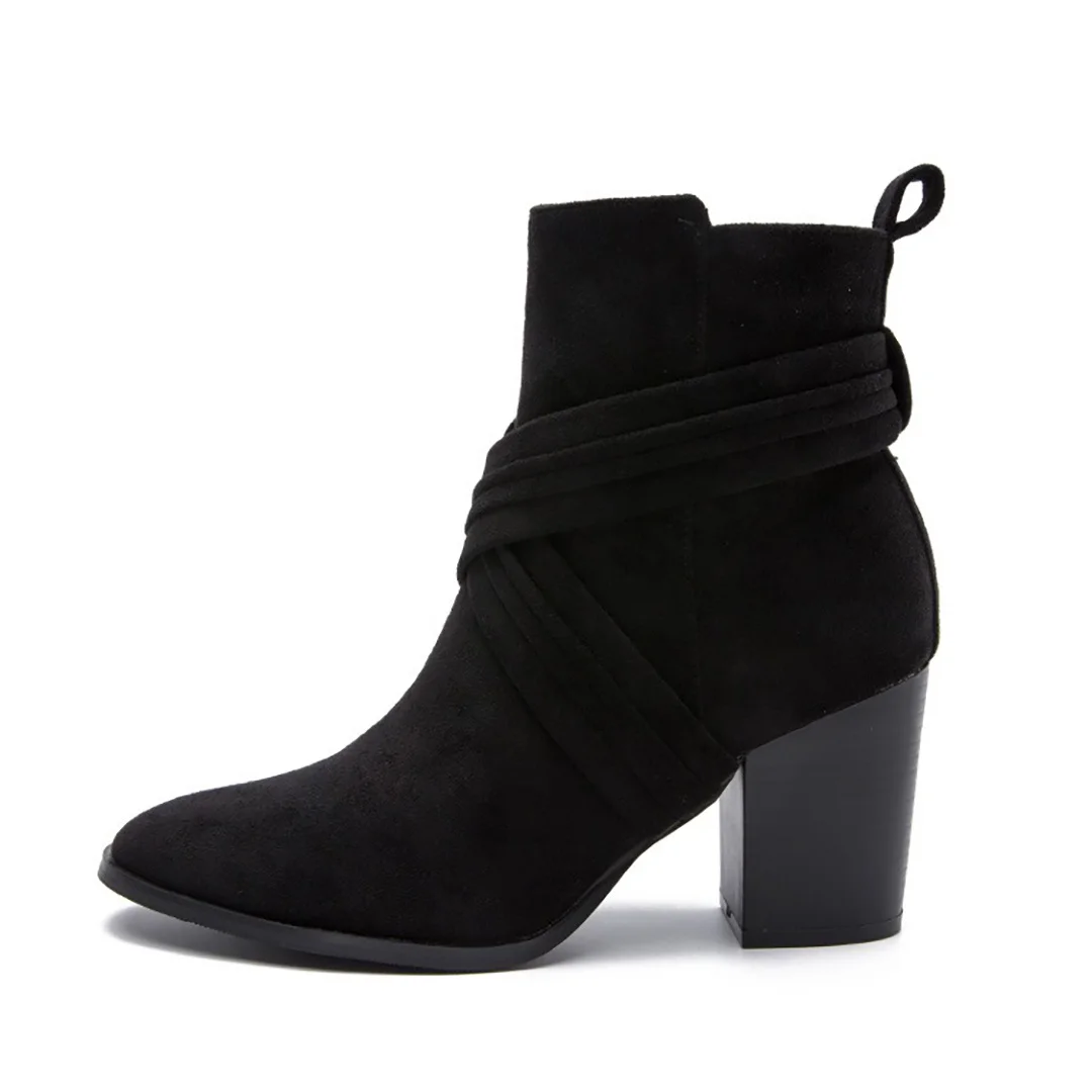 Bottes de rinçage à talons hauts en faux daim noir pour femmes, bout pointu, talon carré, botte courte à la mode, botte à glissière latérale, chaussure pour femme, hiver