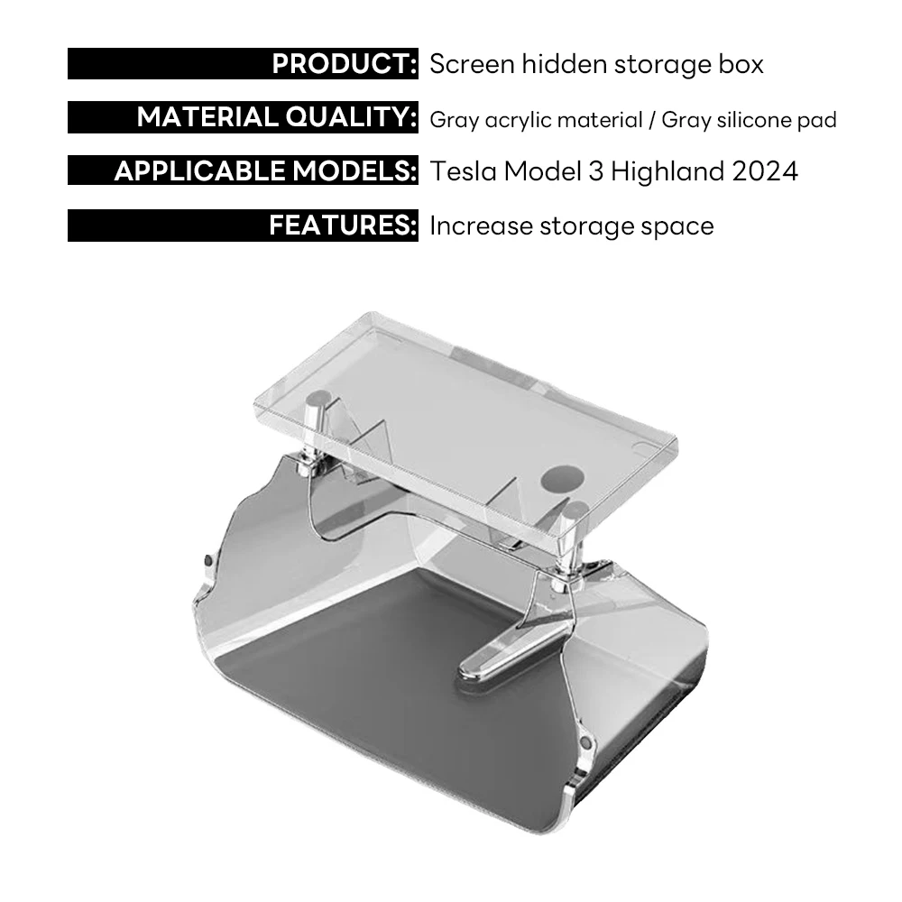 Per Tesla Model 3 Highland 2024 Organizzatore per console centrale trasparente con vassoio di rivestimento antiscivolo magnetico dietro lo schermo