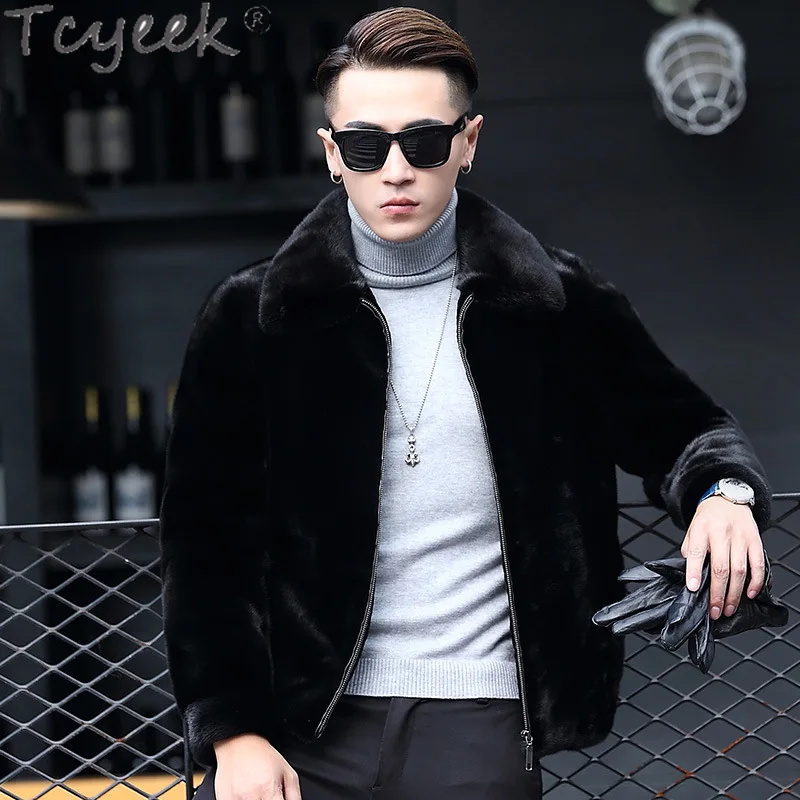 Tcyeek High-end Natural Mink Fur Coat Men Winter Jacket Warm Mink Fur Collar Fashion Real Fur Mens Coats Куртка Мужская 2025