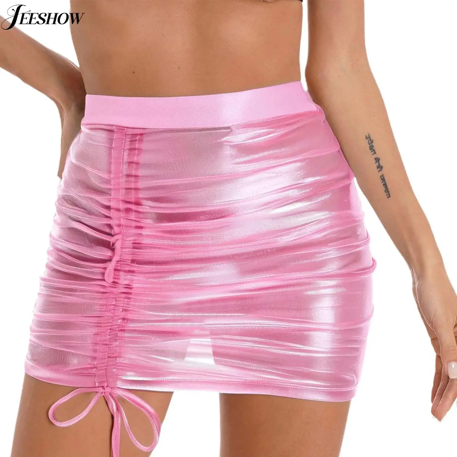 Womens See Through Sheer Mini Skirt Shiny Metallic Transparent High Waist Hip Wrap Micro Skirts Drawstring Ruched Skirt Clubwear