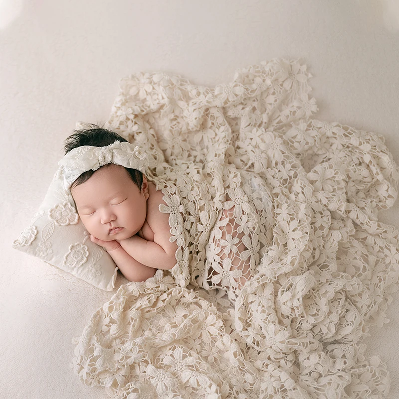 2025 Summer Newborn Photography White Lace Theme Bow Hairband Doll Accessories Newborn Photography Memorial Artistic Photo Props