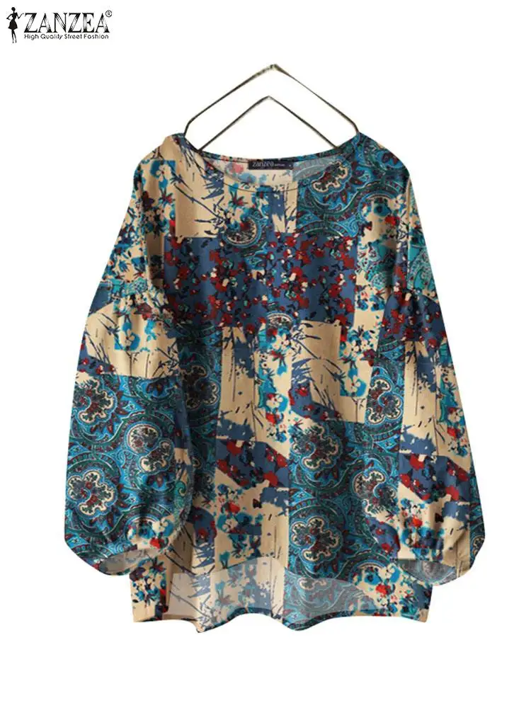 Jesienne topy damskie 2024 ZANZEA Bohemain Koszula z długim rękawem i kwiatowym nadrukiem Casual Loose O Neck Blusas Vintage Work Blouse Oversize