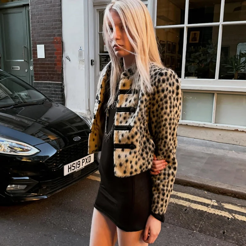 Chaqueta de Piel Sintética con Estampado de Leopardo para Mujer, Cuello Mao, Cierre de Broche Chino, Corte Corto, Estilo Vintage Y2K, Ajustada, Ropa Exterior para Damas