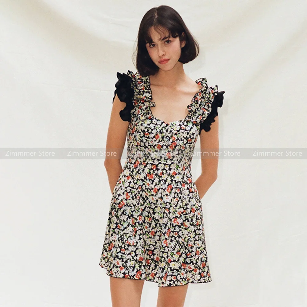 

High quality! French square neck lace floral back hollowed out halter short dress 2024 summer new