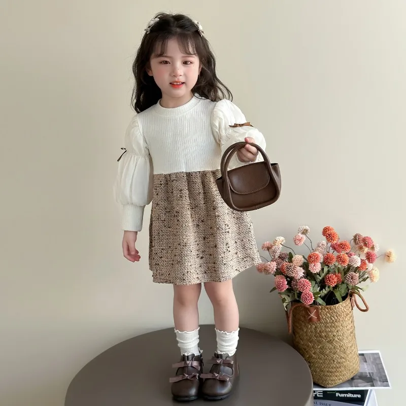 RAISE Autumn Kids Girls 2PCS Set Bow 3D Children Girls Vest Coat Suits Casual Lantern Sleeve Toddler Girls Splcied Dress Outfits