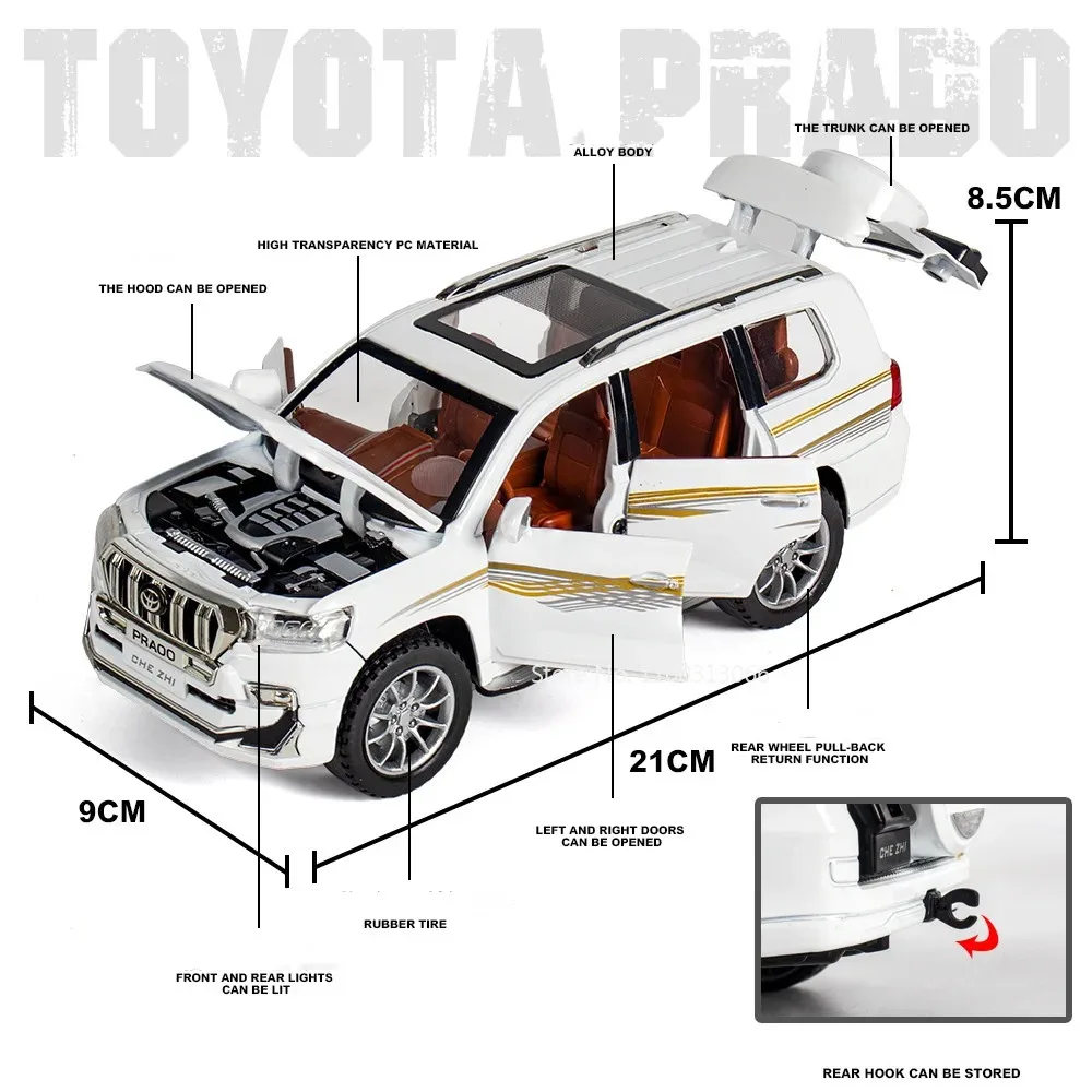 Modelo en miniatura de Escalade Prado 1:24, coches de juguete de aleación, puertas con luz de sonido fundido a presión, modelos de simulación abiertos, regalos para niños