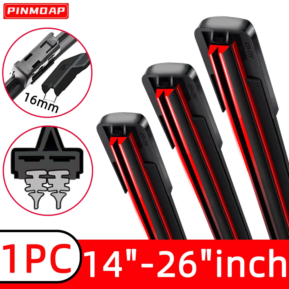 PINMOAP Auto-Scheibenwischer mit geeignet für 16 mm neue Dual-Gummistreifen-Design, geräuschlose Wischerblätter, 14 Zoll, 16 Zoll, 18 Zoll, 19 Zoll, 20 Zoll, 21 Zoll, 22 Zoll, 24 Zoll, 26 Zoll